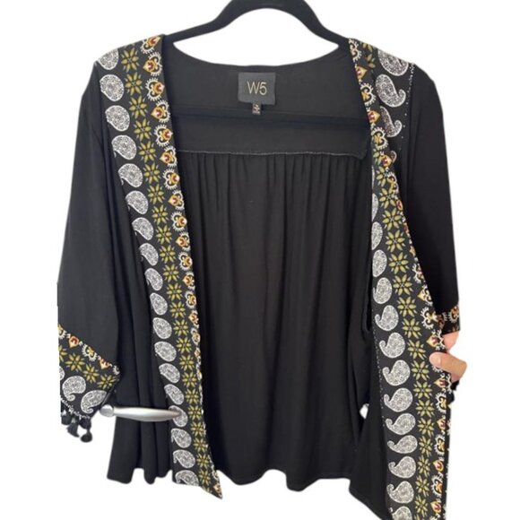 Anthropologie W5 black open front fringed kimono sleeve cardigan size M - Picture 3 of 8